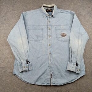 Harley-Davidson Shirt Mens XL Blue Denim Button Front Long Sleeve Biker Casual